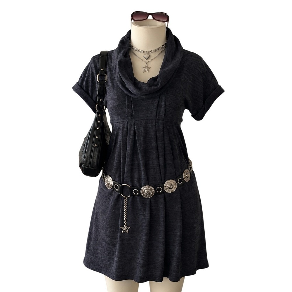 Y2K Charcoal Gray Cowl Neck Empire Waist Sweater Dress Medium Knit Fall Pockets